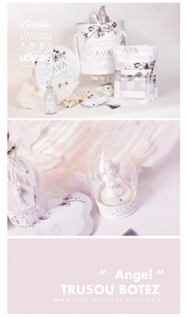 Trusou botez brodat pentru fetite cu broderie personalizata, flori bumbac si ingeri, Angels 1